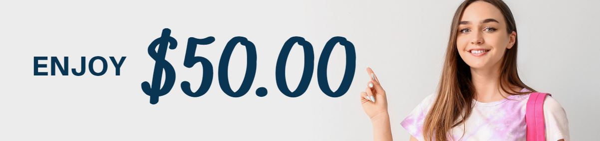 Female student pointing to the "Enjoy $50.00" text.