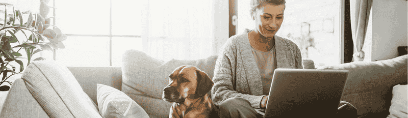 woman on couch with dog and laptop